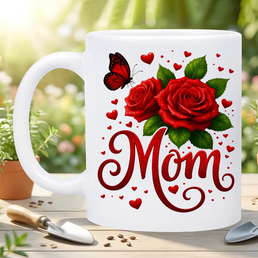 TEMU 1pc 'mom Red Rose & ' 11oz Ceramic Mug, Insulated And Reusable Coffee Cup Featuring A Red Hearts Design, Safe For Dishwasher Use, Ideal For Hot And Cold Beverages - An Gift For Mothers,