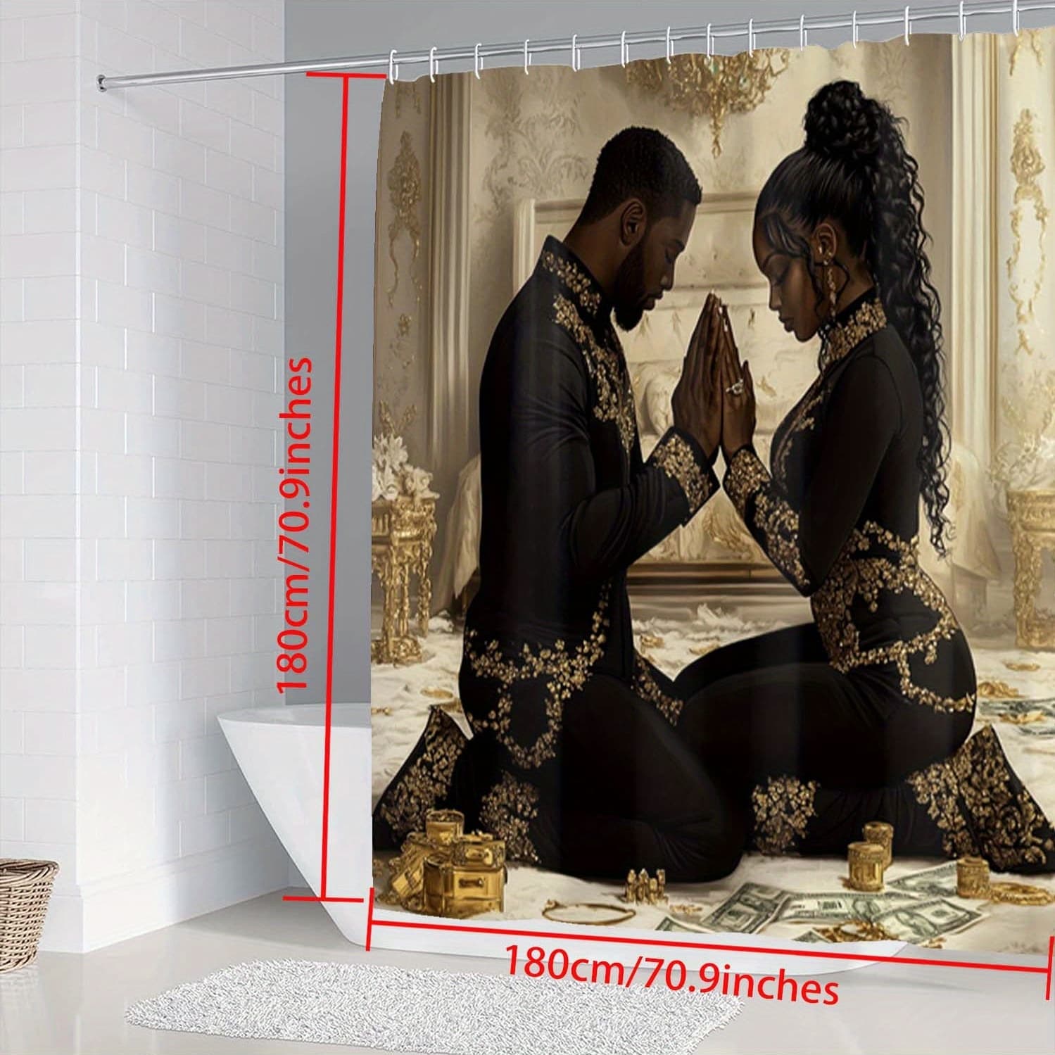TEMU Jit1/3/4 Items For , 2 People, Black And Golden Clothing Pattern Shower Curtain With Hooks, Bathroom Partition Curtain, Bathroom Additions, Home Decor, Additions For All , Washable