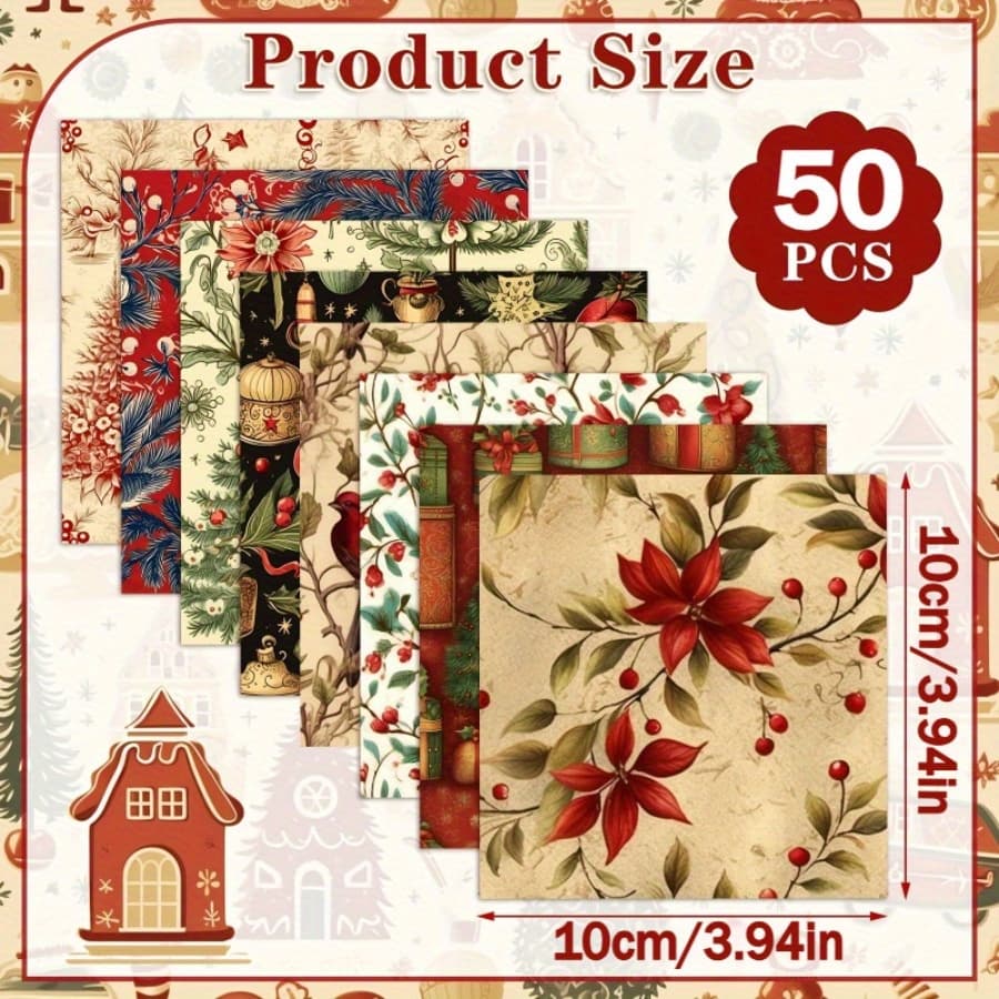 TEMU 50pcs Vintage Squares Rustic Holiday Precut Strips With Santa, , Poinsettias And Snowflakes For Quilting, Crafts Sewing Projects, Christmas Crafts, Festive