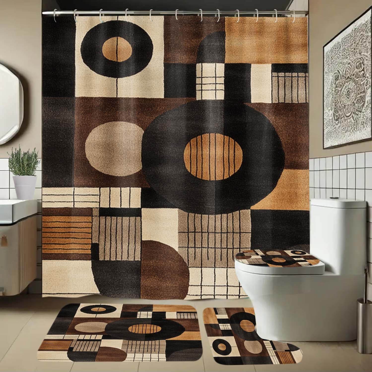 TEMU 2d Flat 4pcs Modern Geometric Round Pattern Shower Curtain Set, Shower Curtain With ,includes 12 Hooks, Shower Curtain, Bath Mat, U-shaped Rug, And Toilet Lid Cover