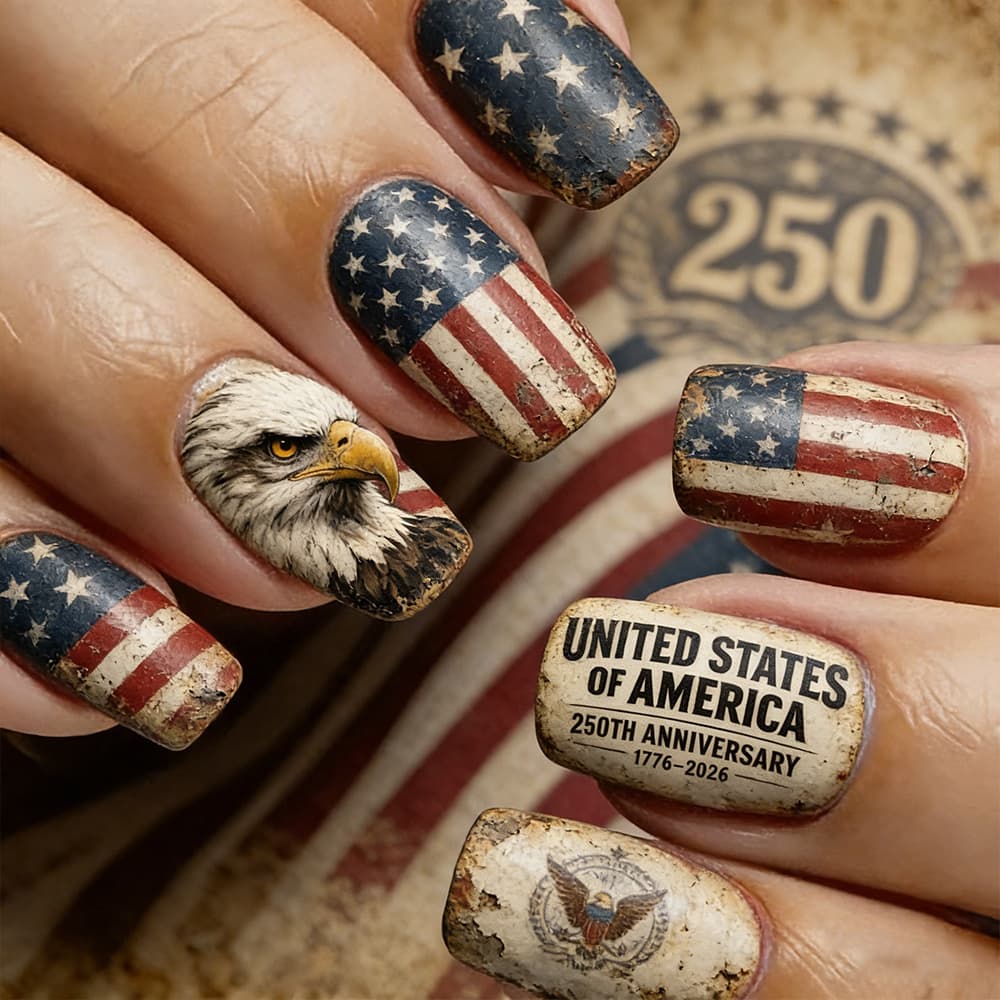 TEMU 48pcs Of Vintage 250th Anniversary -on Nails For The , Featuring Short Square Shapes, Reusable Matte End, Full Cover Acrylic Design With Adhesive Tabs, Easy To Apply