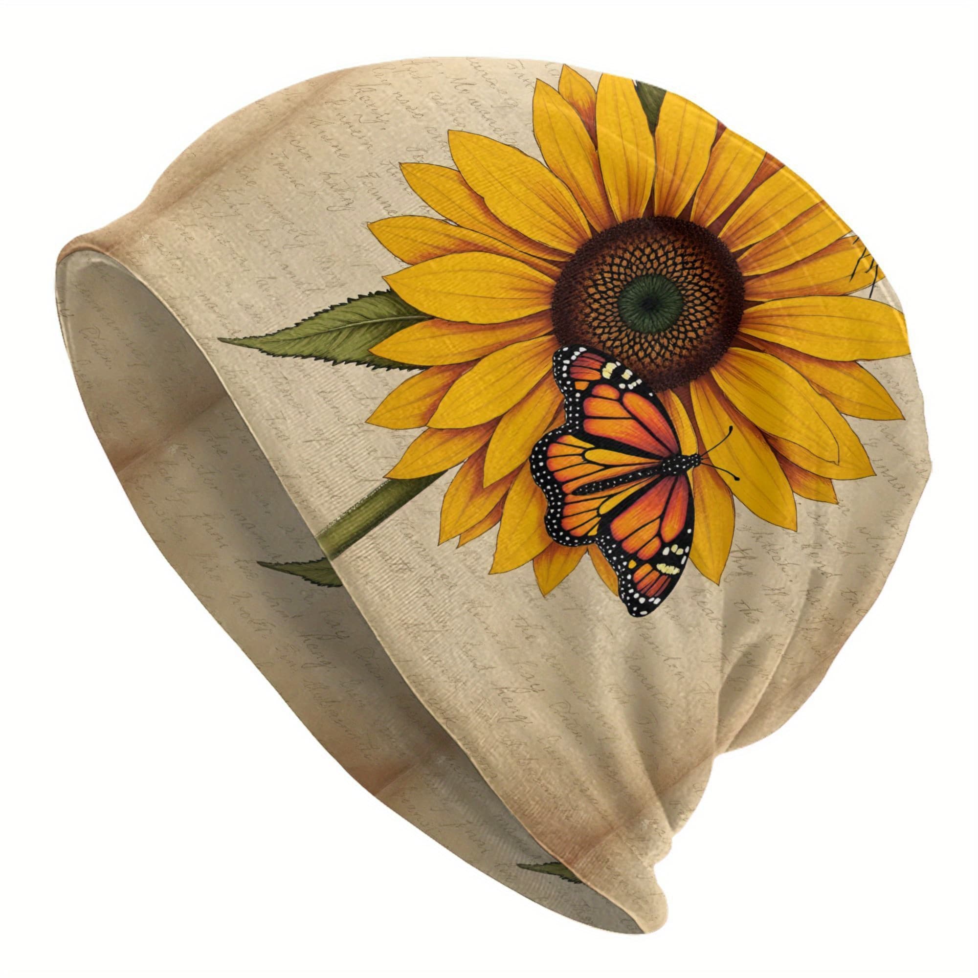 TEMU Vintage Sunflower & Monarch Beanie Hat - Lightweight, Stretchy Knit For , Outdoor Activities, Autumn Winter Hat | Vintage Style | Stretchy Knit Hat
