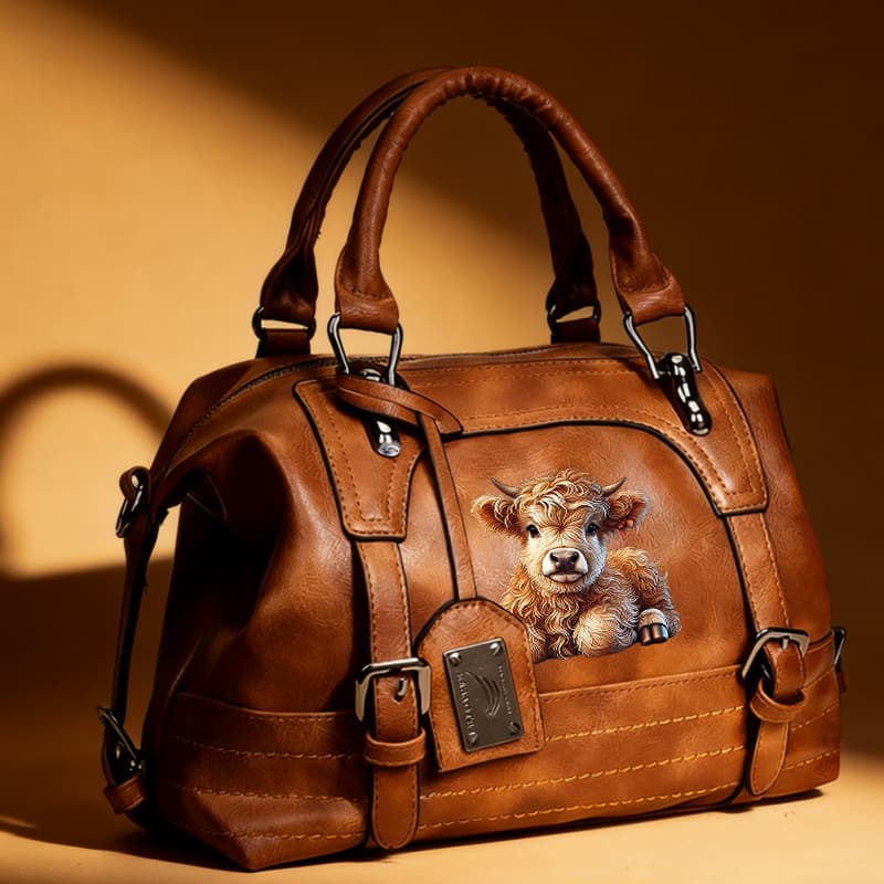 TEMU Vintage Style Highland Cow Graphic Satchel Bag, Women's Top-handle Crossbody Purse, Adjustable Shoulder Strap, For Casual Travel And Daily