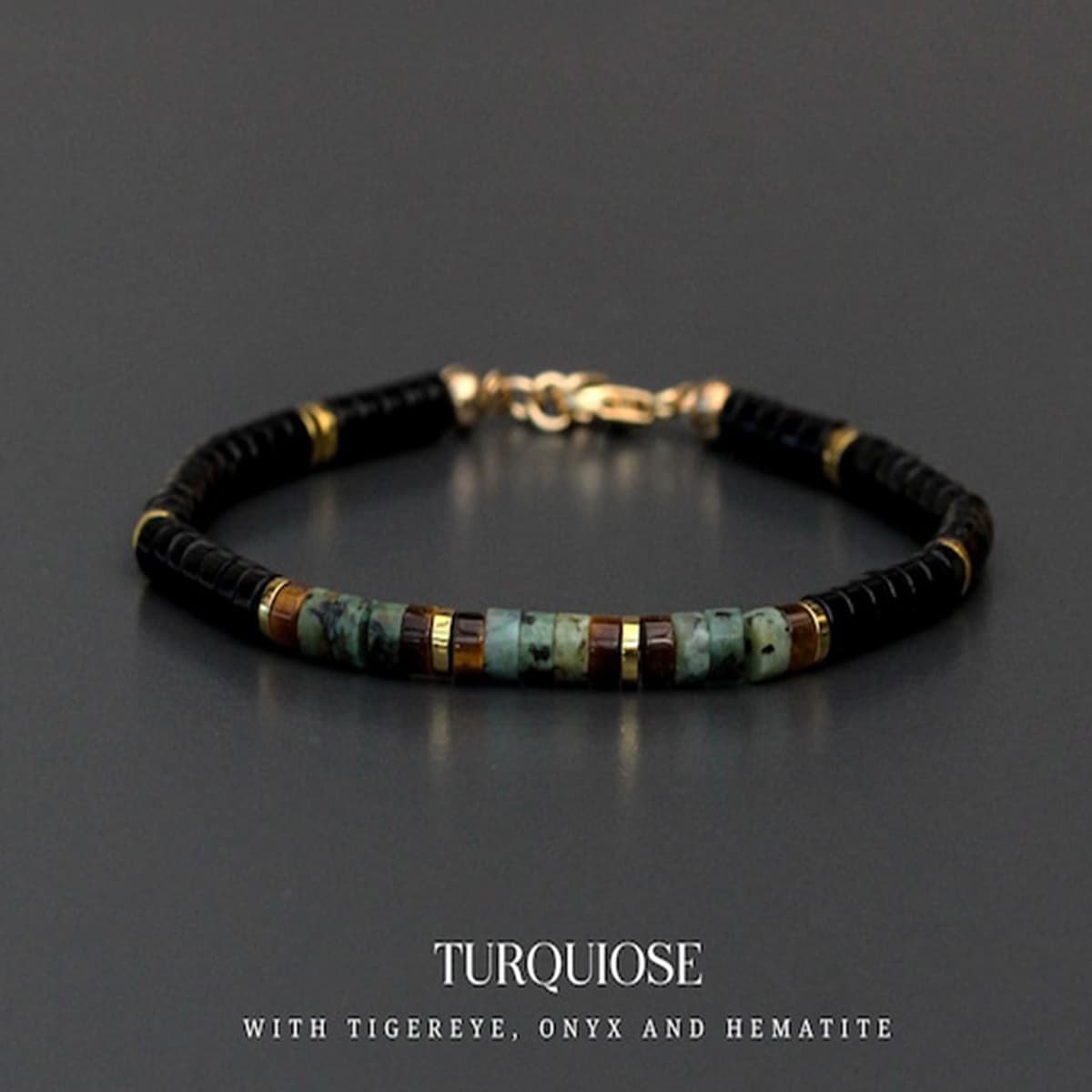 TEMU Bracelet With Onyx, Eye, African Turquoise And Hematite Discs (4mm) - Handmade Men's Bracelet With Silvery Tone Clasp - Gift For Him