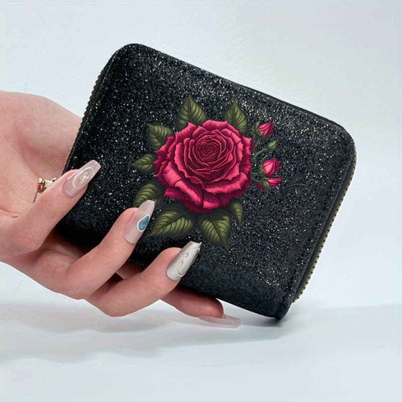 TEMU A Single Rose-patterned Wallet Featuring A Lightweight Double-layer Zipper For Credit Cards, Designed With Multiple Slots And A Starry Sparkle. Use And An Essential Accessory For