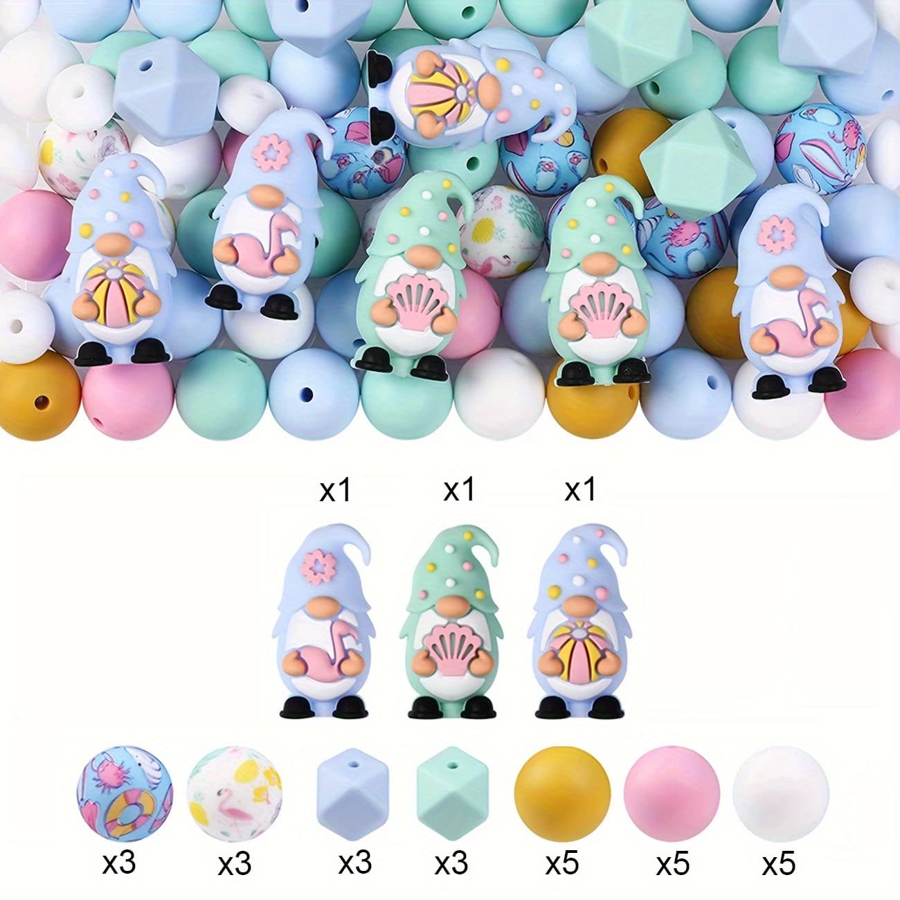 TEMU 30pcs Summer Theme 3d Dwarf With Shell Silicone Beads Bulk - 3 Sizes (5mm, 7mm, 10mm) Diy Handmade Beads For Jewelry Making, Keychain, Pen Pendant, Shoe Bag Decoration, Keychain Accessories,