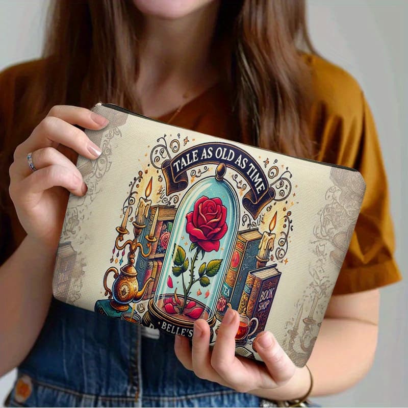 TEMU Cosmetic Bag 1pc, Bookshop And Rose, Lightweight Zipper Design Toiletry Bag, Suitable For Travel And Daily Use Multifunctional Storage Bag For Stationery