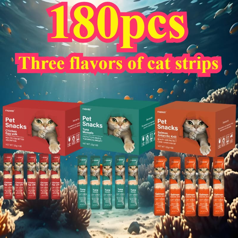 TEMU 180pcs Mixed Flavor Cat Strips, 0.53oz/ 15g Per Piece For A Total Of 2700g, In Chicken Egg Yolk, Salmon , Tuna Green Mouth Shell, 3 Flavors From, With Cats Being The For Weight