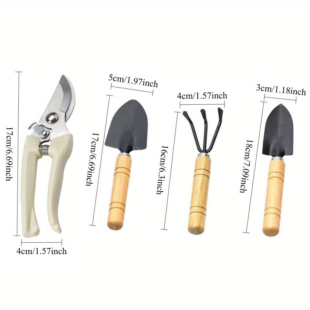 TEMU 4pcs Gardening Tool Set: Pruning Shears, Trowel, Rake And Shovel For Planting, Weeding - Ergonomic Wooden Handle, Ideal For Backyard And Balcony