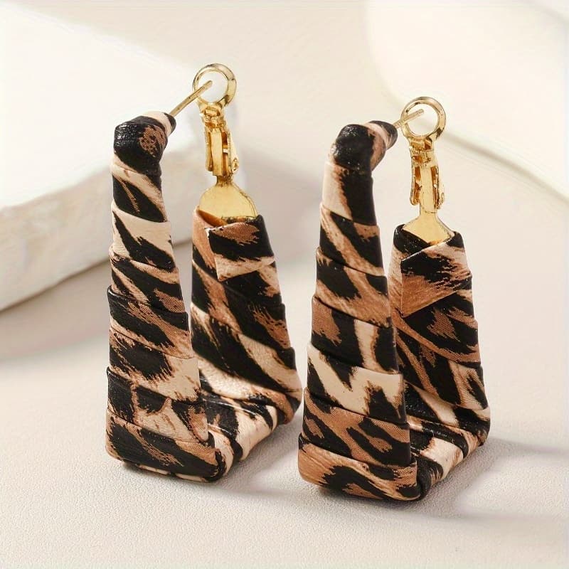 TEMU 1 Pair Handmade Bohemian Vintage Camo/leopard Print Hoop & Dangle Earrings - Pu Leather Wrap Alloy Rectangular Hoops, Jewelry For Suitable For Daily Wear & Gift Occasions