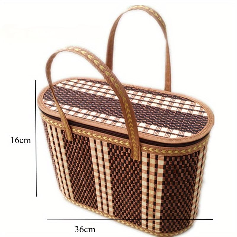 TEMU Collapsible Handcrafted Woven Picnic Basket With Handle, Natural Check Design, Ideal For Outdoor, Picnics, Shopping, For Home Decor & Storage Organizing Non-food Direct Contact
