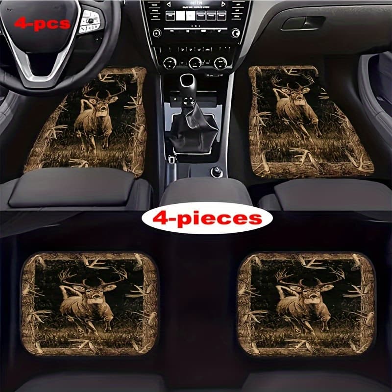 TEMU Suitable For All Car Models, 4pcs Set Forest Deer Pattern Car Carpet, Vehicle Carpet, With Non-slip Base, Easy-to-clean Car Interior Accessories