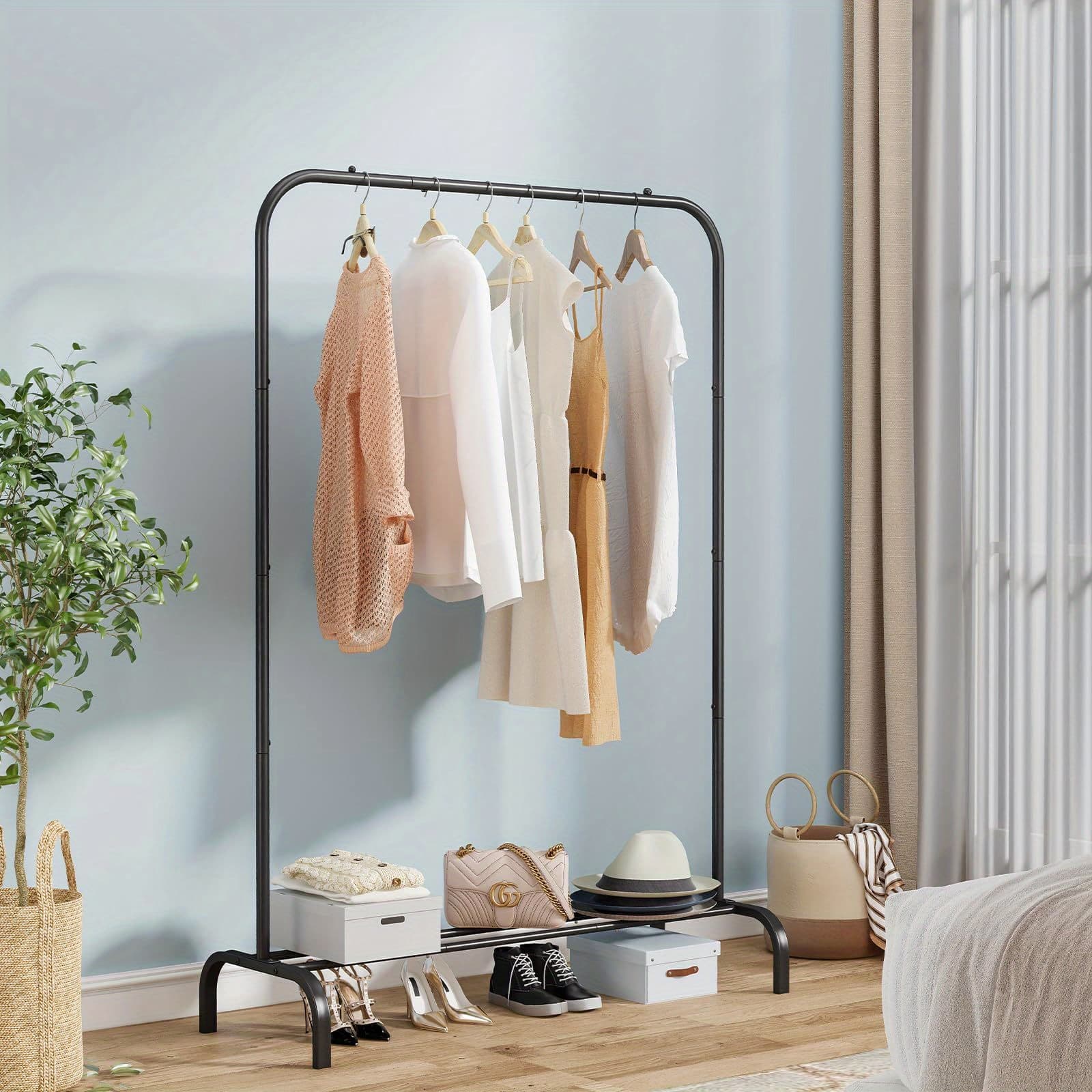 TEMU Heavy-duty Portable Clothes Rack With Bottom Metal Shelf – Large Capacity For Coats, Shirts & More, Sturdy & , Easy To Assemble – Perfect Clothes Organizer For Home & Storage