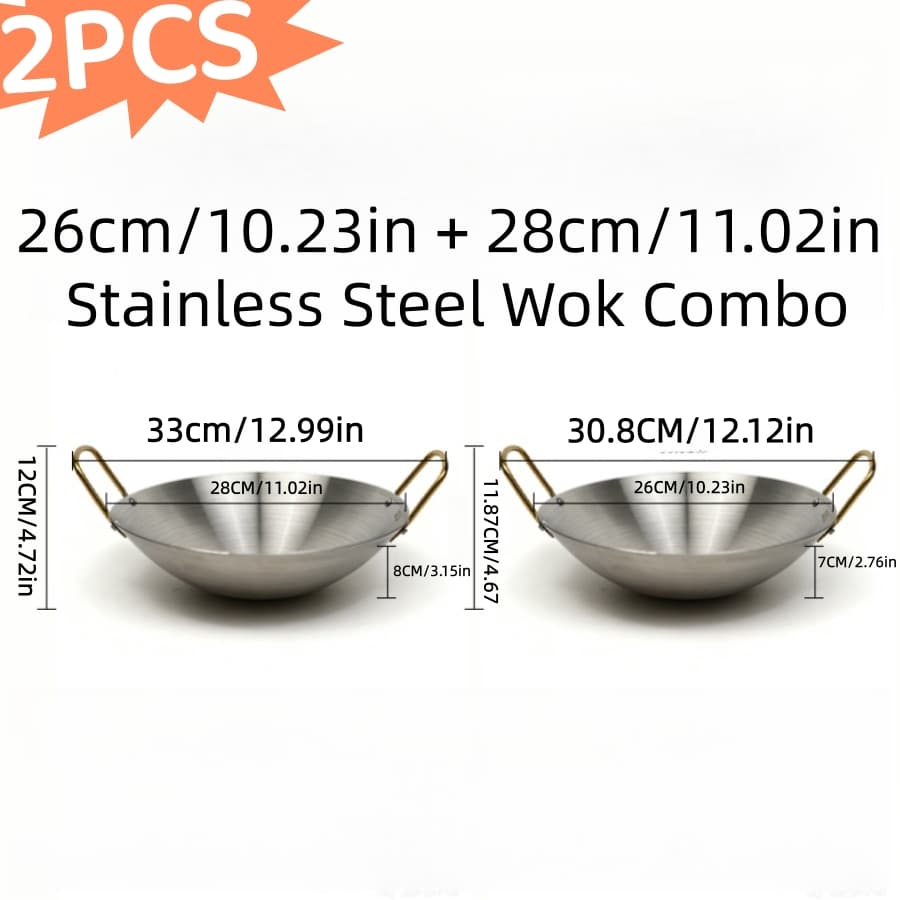 TEMU 2pcs Stainless Steel Wok Set (10in+11in), The Combo For Home Kitchen &