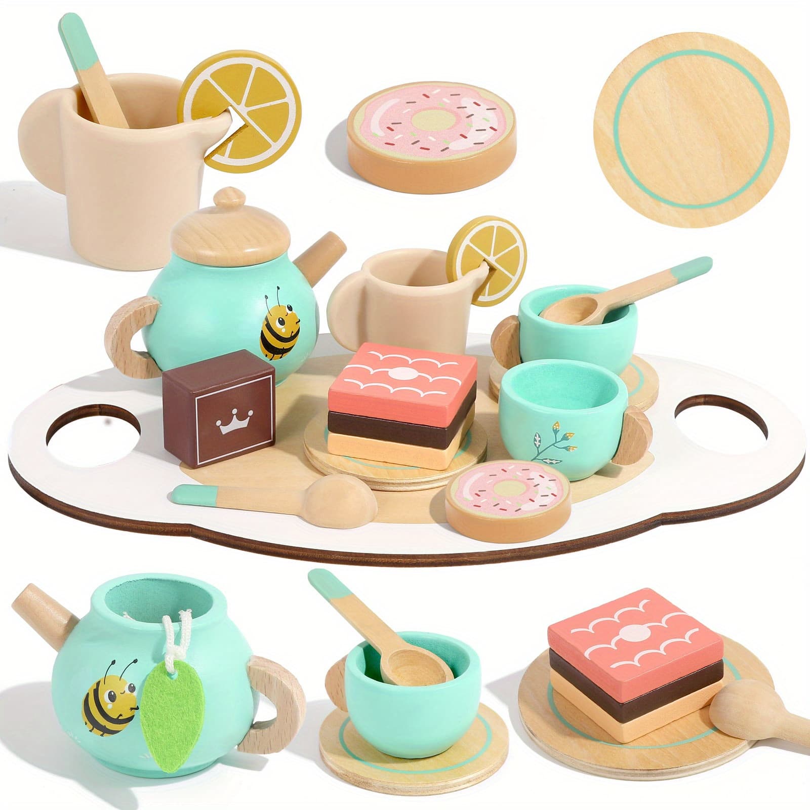 TEMU Wooden Tea Set For Little Girls, Pretend Play Kitchen Accessories, Tea Party Set For Children, Wooden Afternoon Tea Party Playset, Role Play Set For Kids Ages 3-5