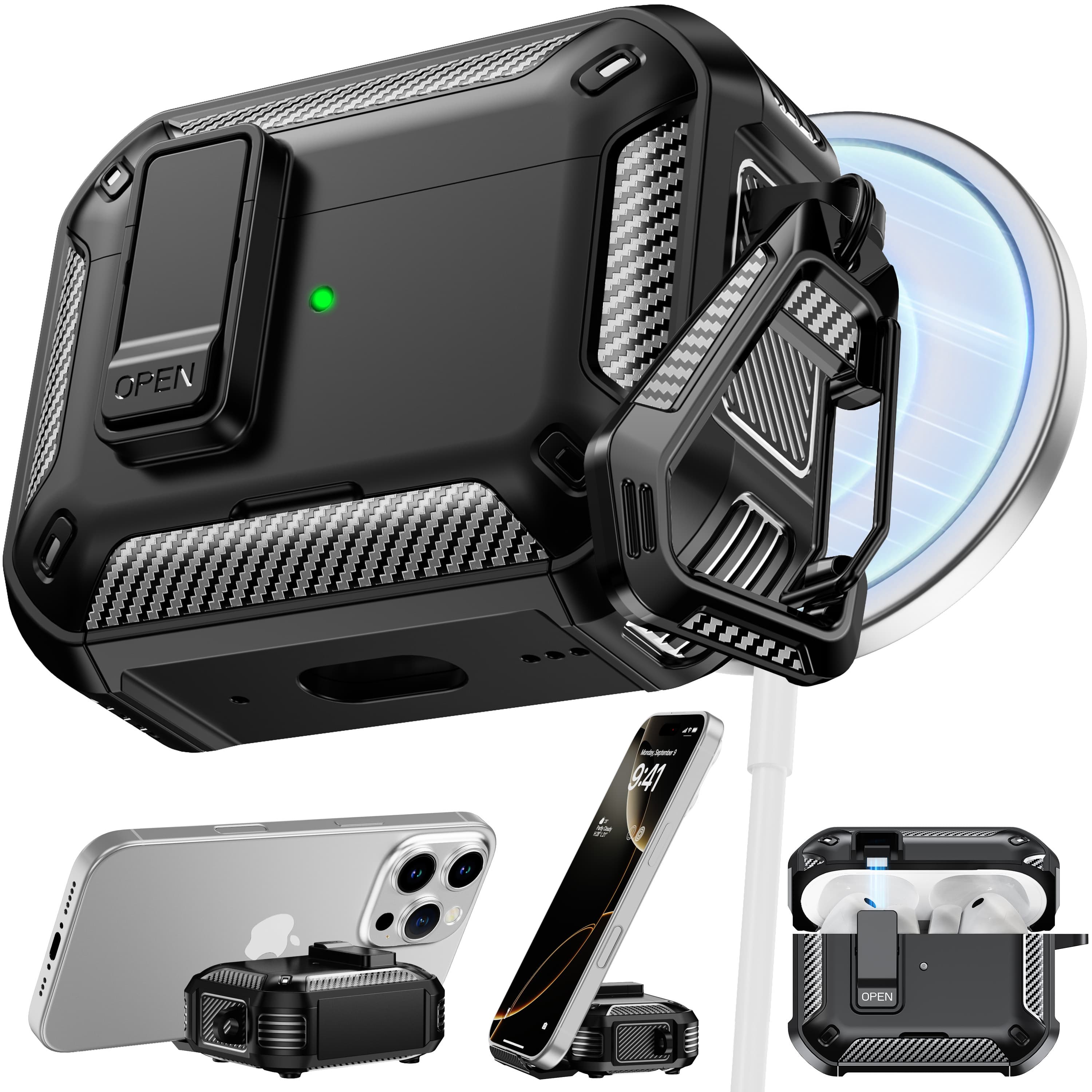 TEMU Airpods Case Compatible Tpu Magnetic Charging Hidden Phone Stand Anti-scratch Fall Resistant With Hook & Cleaning Pen For Men