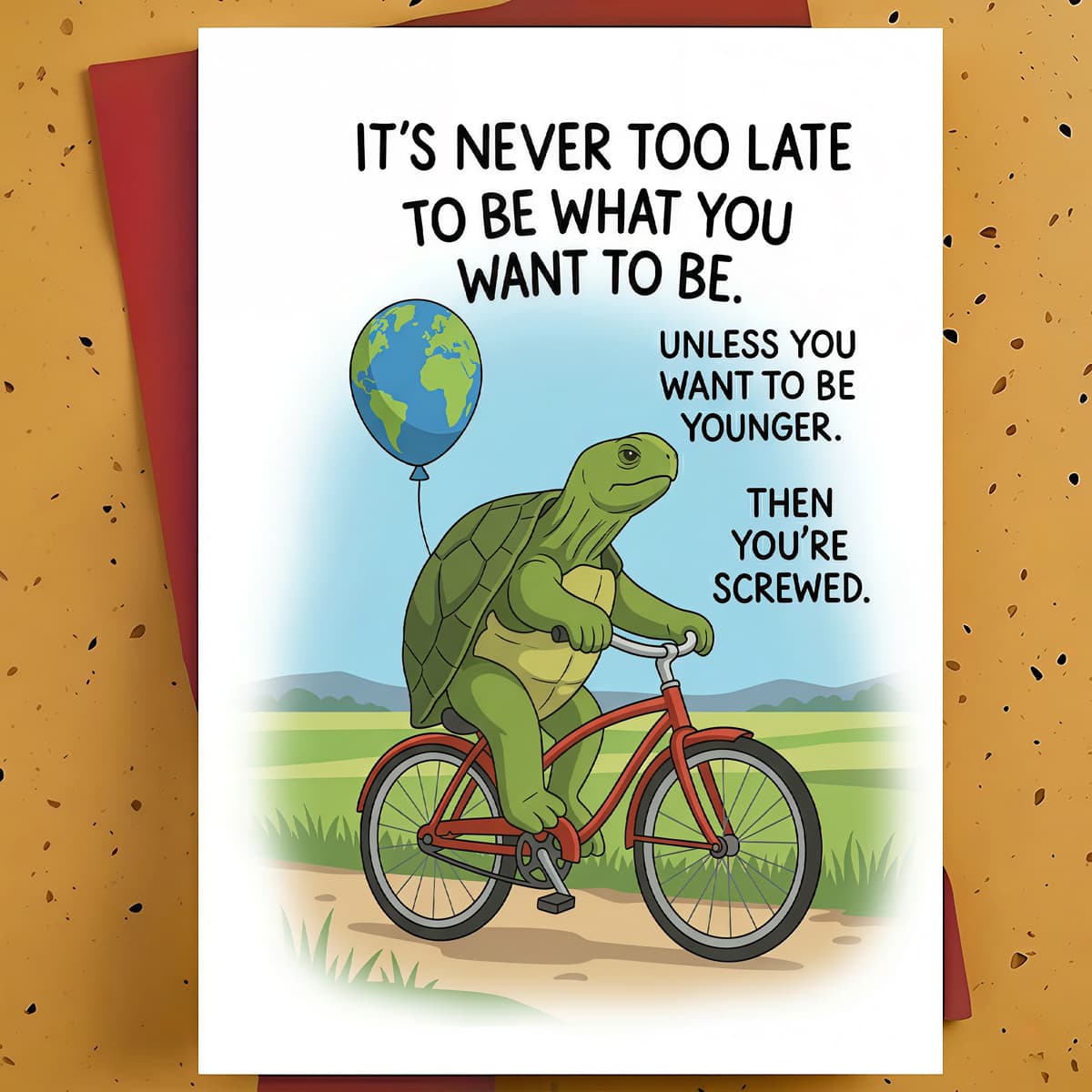 TEMU 1pc Funny Birthday Greeting Card For Friend, Coworker, Sibling – Turtle On Bicycle Cartoon Design, Card, With Envelope