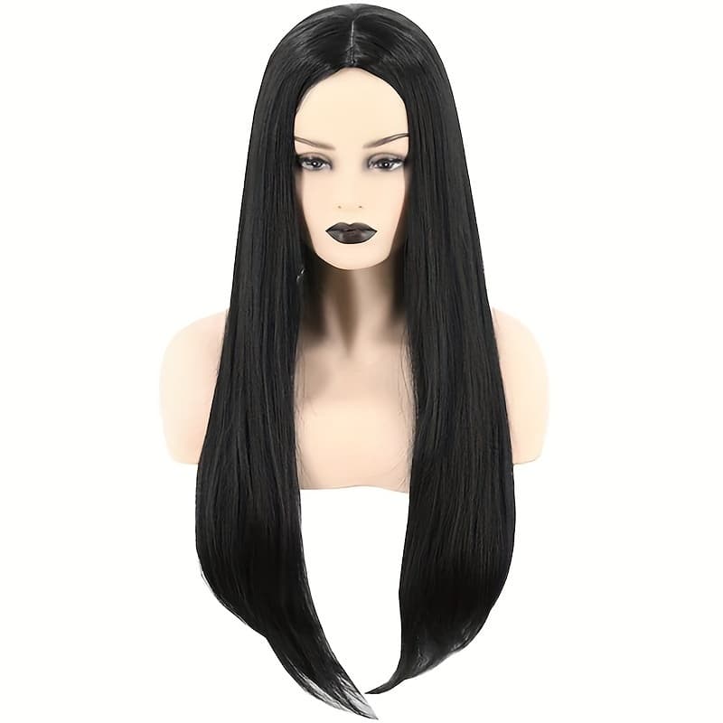 TEMU Unisex Anime Wig With Snap Button, Black Medium Part Long Straight, Suitable For Daily , Parties, Festivals, Halloween, And Other Occasions