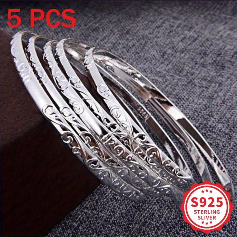 TEMU Set Of 5 S925 Sterling Silvery Patterned Geometric Bracelet Set - Elegant And Simple Women's Jewelry, Suitable For Daily Wear And, Perfect Valentine's Day