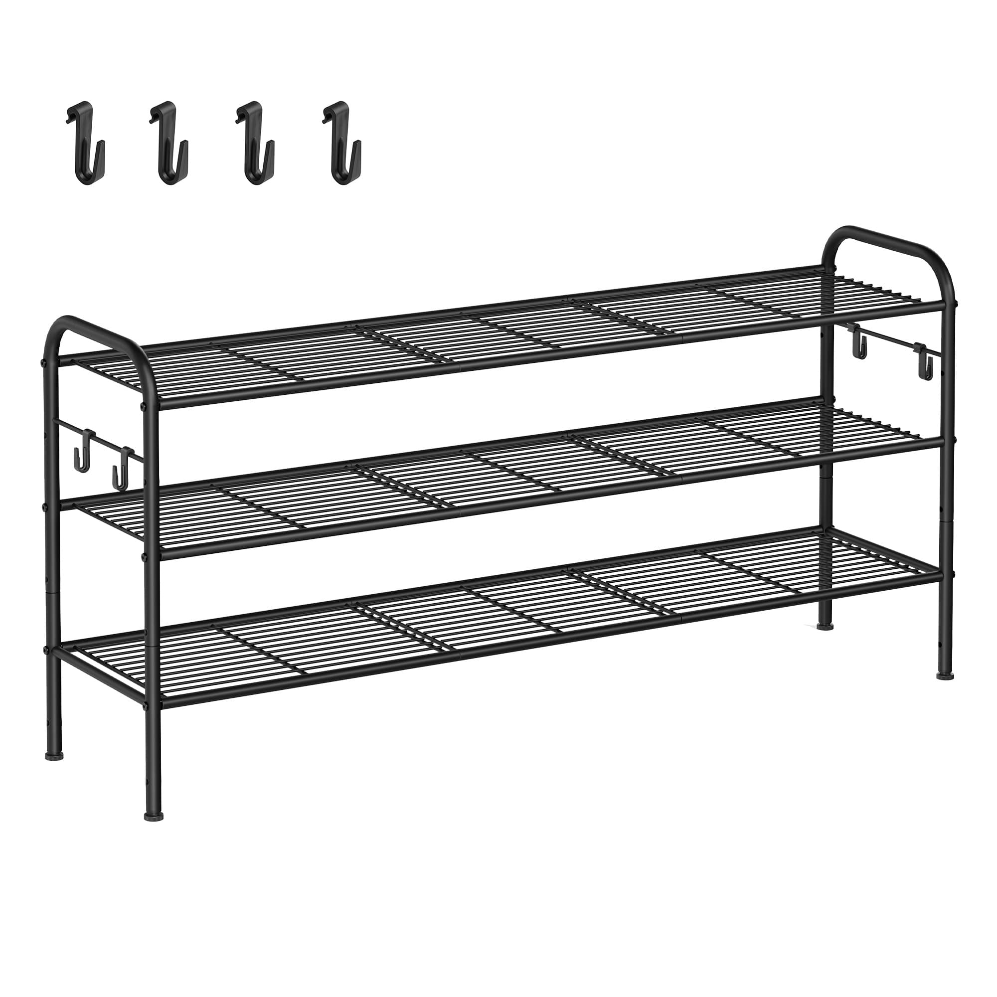 TEMU Shoe Rack, 3-tier Shoe Organizer, Metal Shoe Shelf Storage With 4 Side Hooks, Holds 18 Pairs Of Shoes, Height-adjustable Shoe Rack For Entryway, Hallway, Closet, Easy Assembly