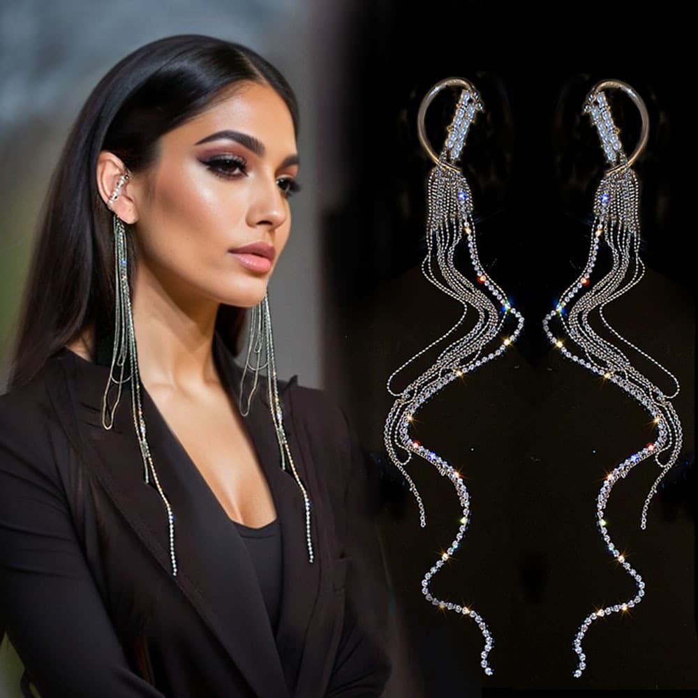 TEMU 2pcs Sparkling Clip- Earrings For Women - No-piercing Long Hanging Ear Suitable For Parties, Weddings, Prom, Birthdays - K Plated Clip- Earrings For Formal & Special Occasions