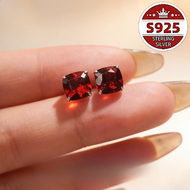 TEMU Natural Garnet S925 Silver Ear Studs, Hypoallergenic And , Featuring 5x5/6x6mm Cushion-cut Natural Garnet, Elegant And Sexy Jewelry, Perfect Valentine's Day Gift