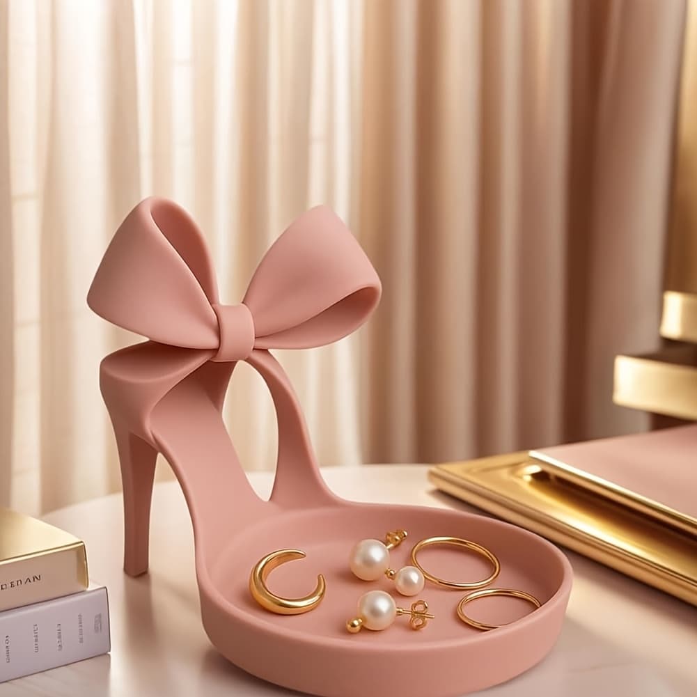 TEMU High Heel Shoe Jewelry Holder - Elegant Shoe-shaped Jewelry Tray With Bow Decor, Ring Stand & Organizer, Pink Bowknot Desktop Accessory For Vanity, Dresser, Desk - Gift For Women, Jewelry Trays