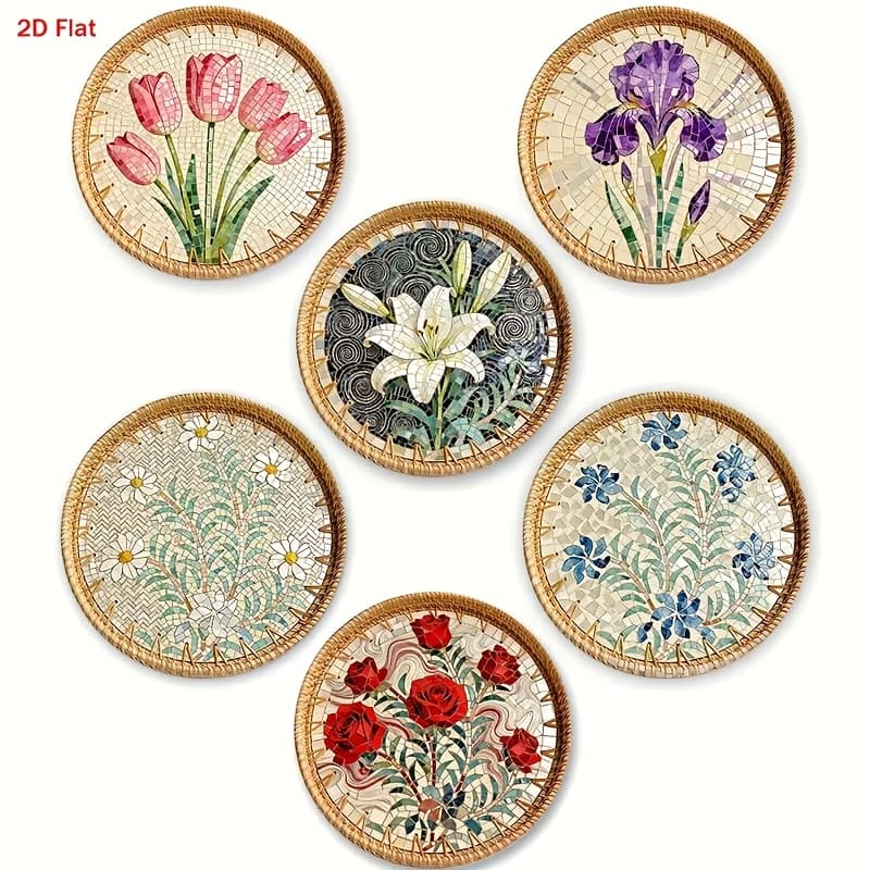 TEMU 2d Flat, -2d Flat, 6pcs, Woven Element Pattern Wooden Coasters, Suitable For Home Parties, Cafes, Offices, , Home Decoration Christmas Gifts, 2d Flat