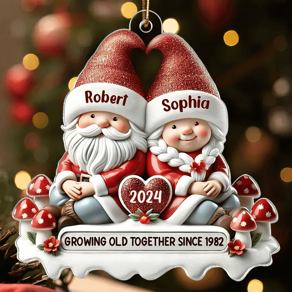 TEMU 1pc Custom Gnome Couple Ornament – Personalized Acrylic Christmas Tree Hanging Decoration With Names, Cute Gift For