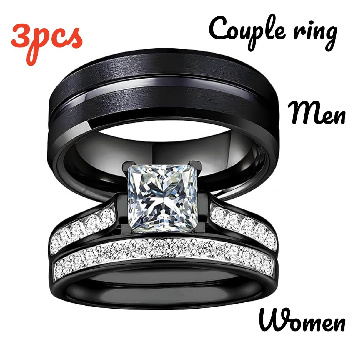 TEMU 3pcs Set 2-in-1 Black Bride Ring For Men, Matte Black Grooved Stainless Steel, Women's Alloy Ring, Wedding Ring Set Suitable For Couple Anniversaries, Engagements, Promise Rings, Jewelry Gifts