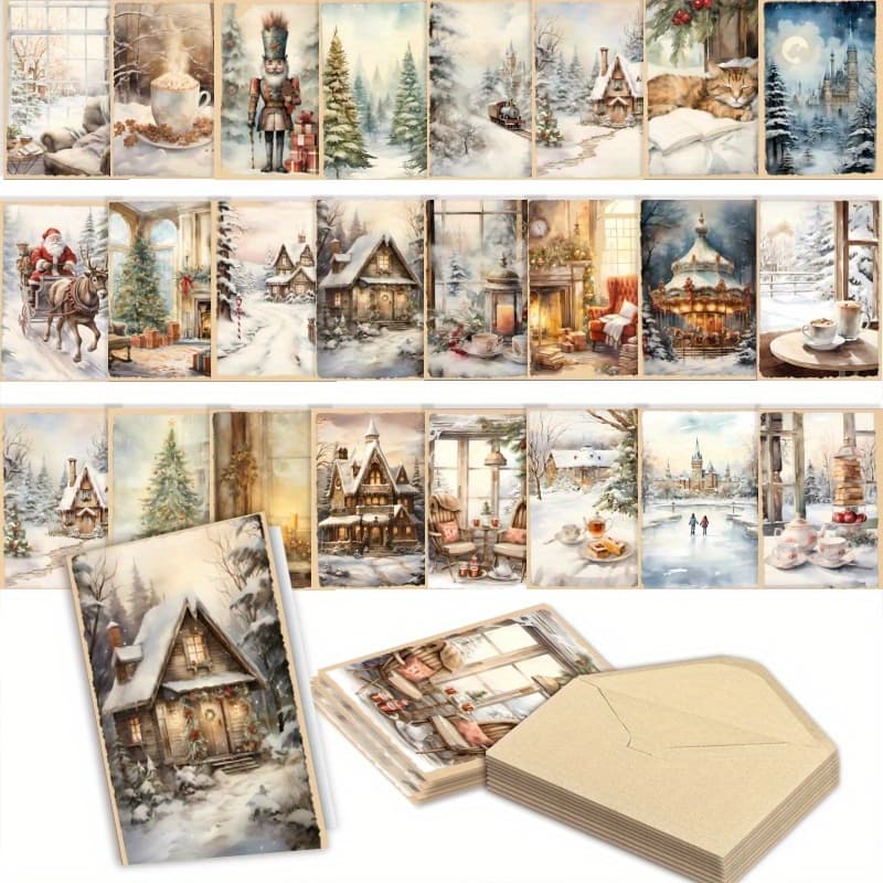 TEMU 24 Vintage Christmas Cards With Envelopes Comfortable Winter Setting Easy To Store Suitable For Loose Greeting Cards For Holidays Birthdays Thank You Etc. Ideal Gift For Christmas Gift