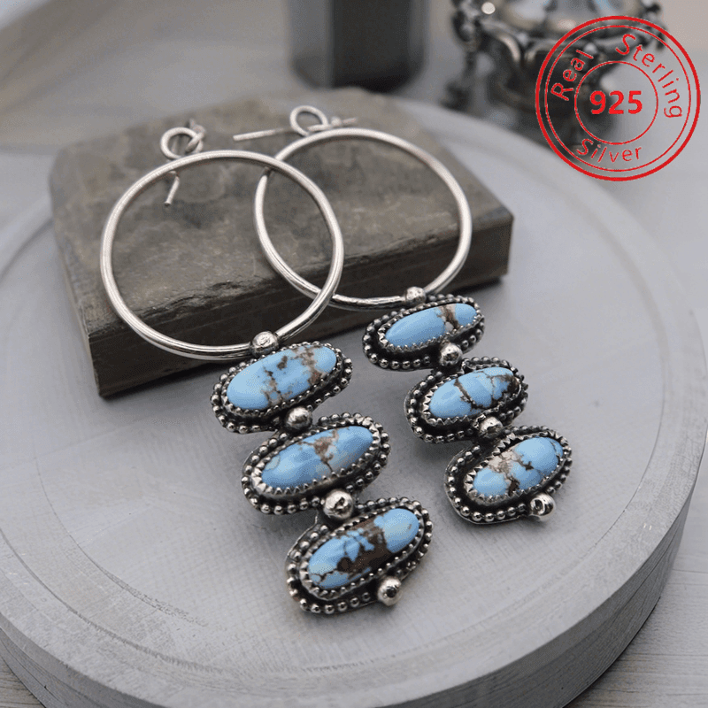 TEMU 1 Pair S925 Silver Bohemian Retro Style - Women's Earrings, Elegant And Fashionable Earrings, Inlaid With Synthetic Turquoise, Pendant Earrings, Party Jewelry, Holiday Gifts
