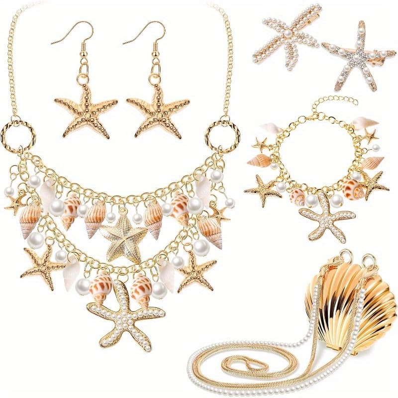 TEMU 6 Items Women's Mermaid Jewelry Set Including Starfish Necklace, Bracelets, Seashell Purse, Summer Beach Earrings, And Hair Clip (golden, Starfish Design)