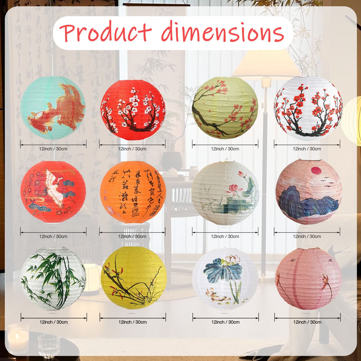 TEMU Tissue Pom Poms 12pcs Chinese Style Ink Paper Lanterns, Spring Festival Decor, Ancient Style Scene Lighted Hanging Ornaments