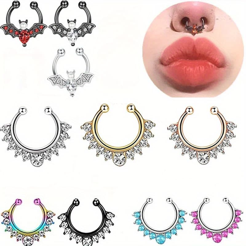 TEMU 10pcs/ Set Fake Nose Ring Septum Jewelry Non Piercing Bat Fake Nose Ring Septum Cuff Earring Rook Faux Nose Piercing Clip On