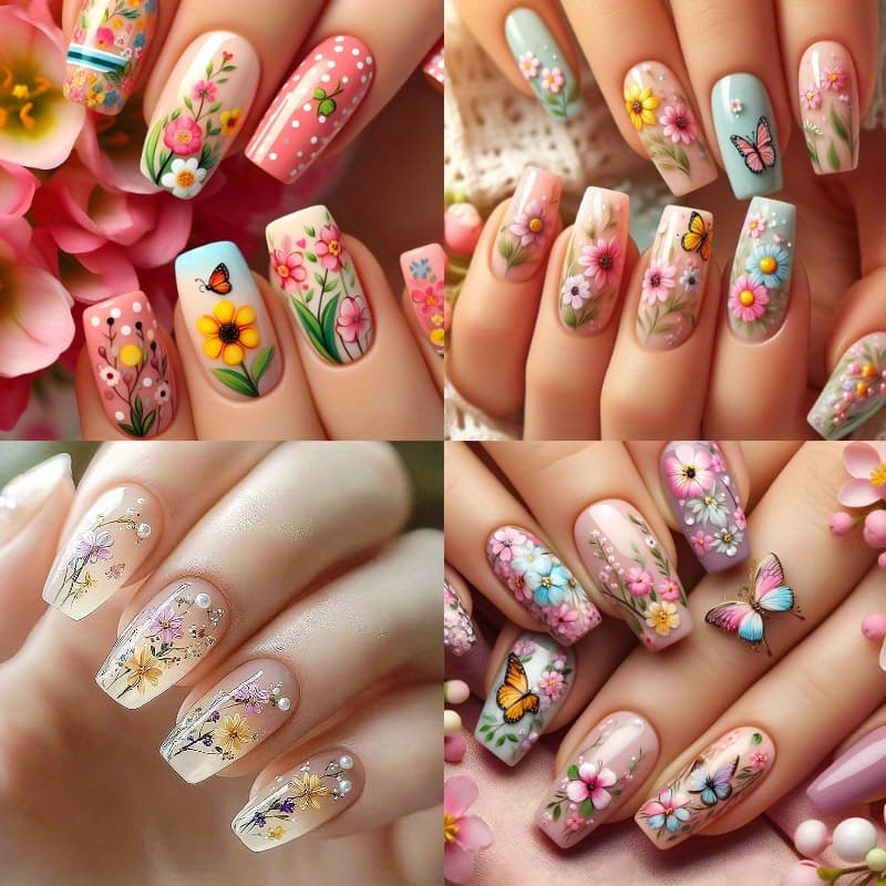 TEMU 96pcs (4pcs) Rectangular Shaped Nails And Summer, Mixed With Bright Plant Flowers And Patterns, Reusable Fake Nails Suitable For Women And S, Glossy Surface