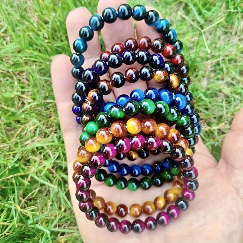 TEMU 8pcs Set Of 8mm Tiger Eye Stone Bracelets- Handmade, Fashionable And Durable, Suitable For Daily Wear- Unisex Design- Perfect Gift For Valentine's Day, Birthdays, Or Any Special Occasion