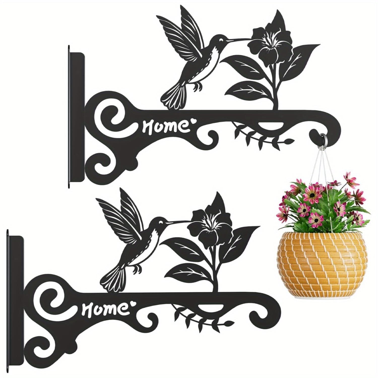 TEMU 2pcs Contemporary Wall-mounted Iron Flower Basket With Hummingbird & Rose - Install /outdoor Hanging Plant Holder For Balcony, Living Room - Metal For & Flowers (compatible With Roses, Herbs) -