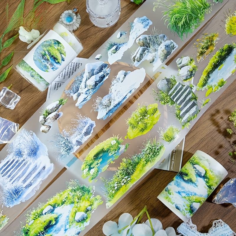 TEMU 1roll 2m/roll Pet Washi Tape Stones Grass Transparent Roll Stickers Decorative Adhesive Tape For Scrapbooking Journal Aesthetic Stationery Loop:100cm
