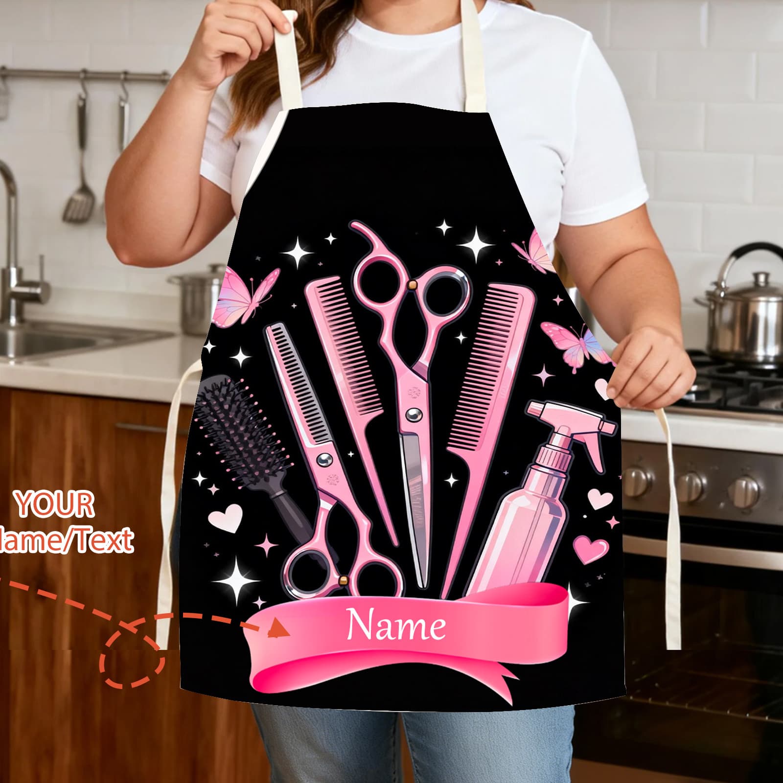 TEMU 1pc Custom Name 2d Flat Printed Creative Hairdresser Pattern Print Work Apron, Apron With - Fashion Gardening Work Apron, 2d Flat