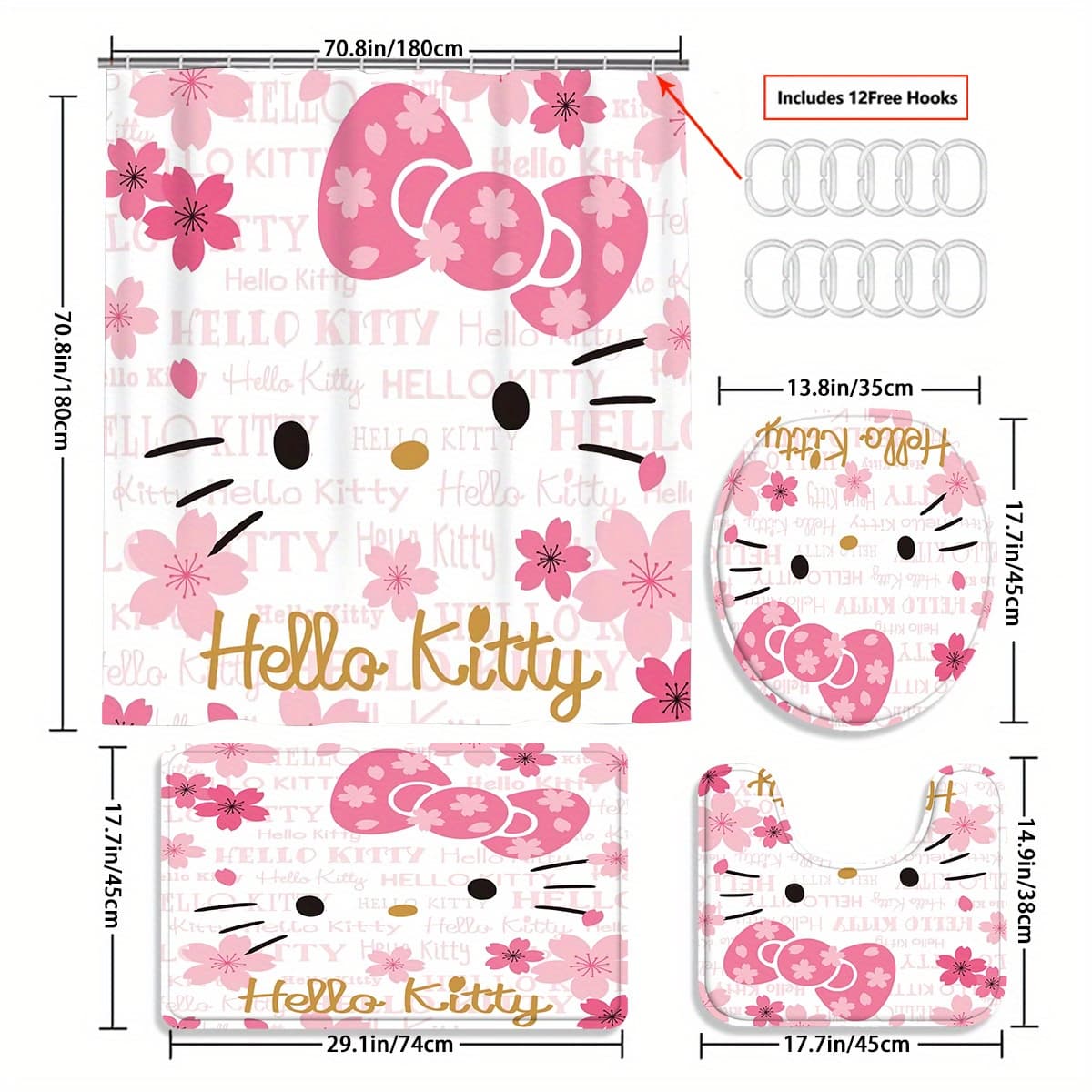 TEMU 4pcs Hello Curtain Set. A Beautiful Housewarming Gift And A Curtain Decoration. -piece Set Of A Bath Curtain And A Toilet, Comes With 12 Bath Curtain Hooks