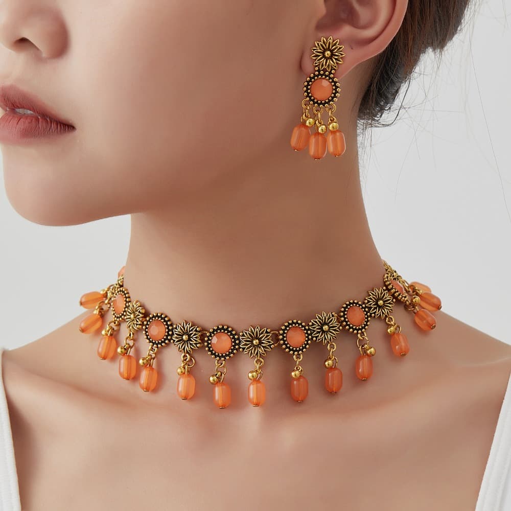 TEMU Trendy Bohemian Vintage Necklace And Earring Set - Jewelry Collection With Ethnic