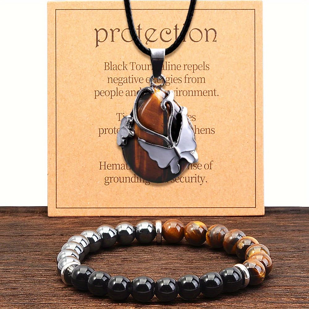 TEMU 2pcs Protection Bracelet & Owl Necklace - Eye, Obsidian & Hematite Stones, Elastic Luck Jewelry Suitable For , Casual Casual Attire, Natural Stone Pendant For Protection From Negative & For /luck