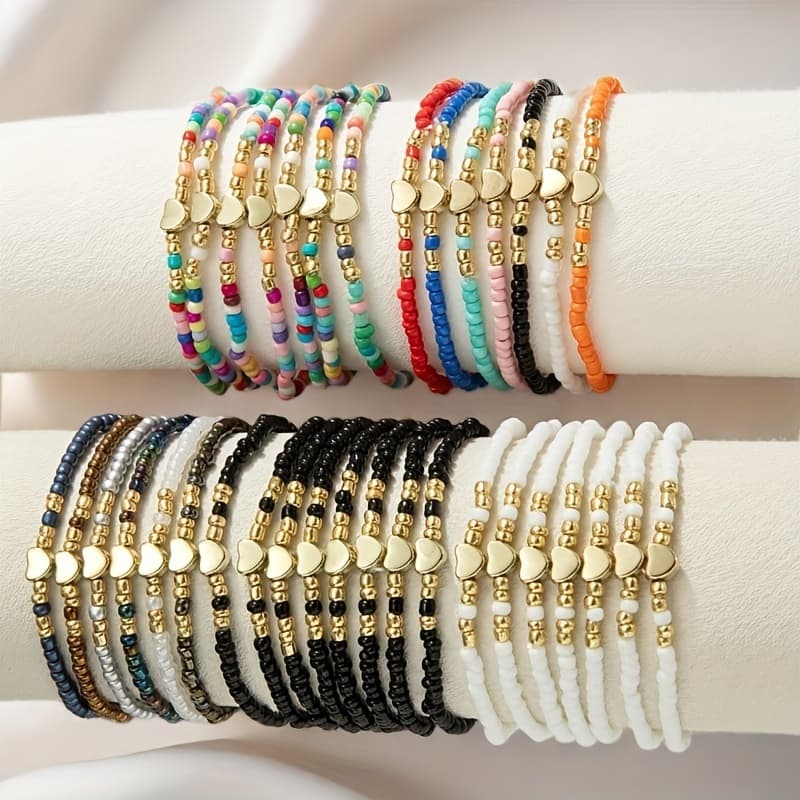 TEMU 35pcs Bohemian Multicolor Seed Bead Heart Bracelets - Layered Stackable Beaded For Women &,, Casual Attire & Parties - -out, Girly Must-haves, Trendy Cheap Accessories ( Pack)