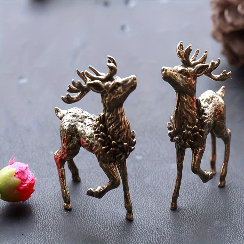TEMU 2pcs Deer Statue Set - Heavy-detailed Realistic Deer Sculptures, / Brass Animal Statues For Office Decor, Elegant Deer Models For Shelf Or Tabletop Display, Durable Material For Years Of Use (no
