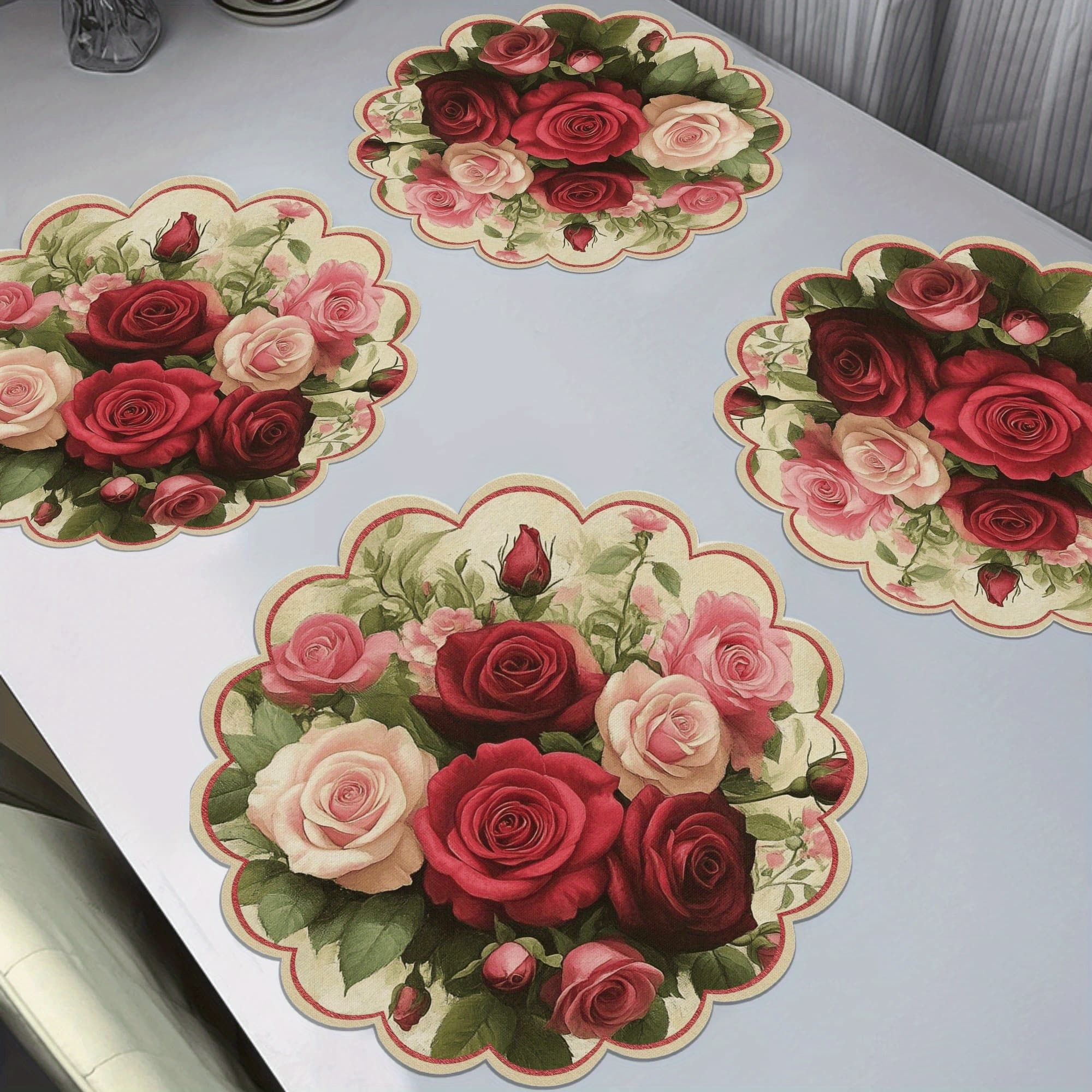 TEMU 4pcs, Vintage Roses Pattern Round Waves Placemats, Non-slip Table Mats, Heat Resistant, Hand Washable, Table Decor For Dining& Parties-15i