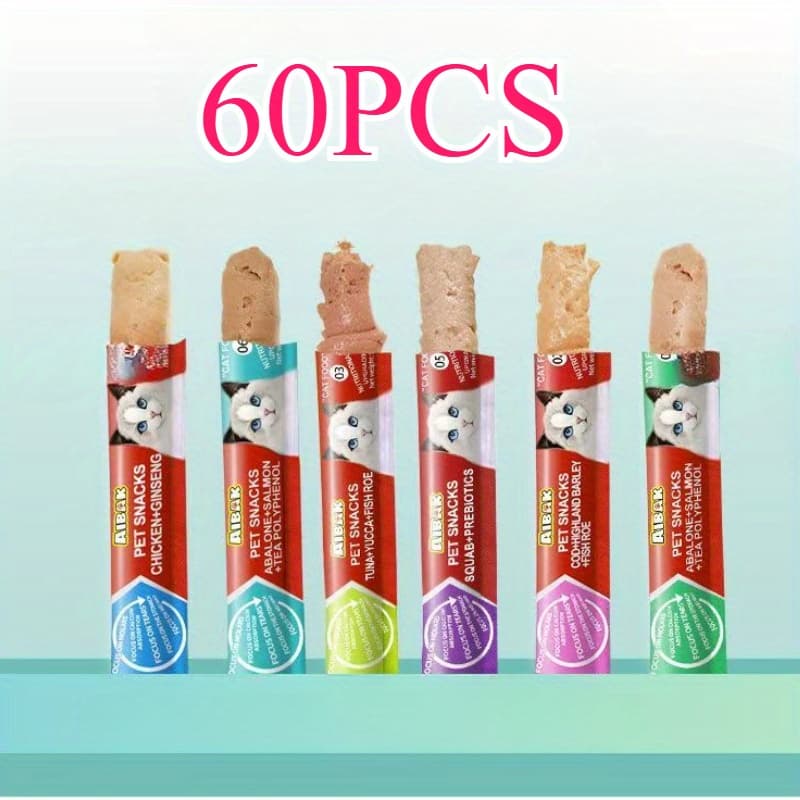 TEMU 60pcs/ 120pcs Cream Cat Snacks+ Feeders, Suitable For Flavor Combinations Of Licking And Squeezing, Including Pigeon, Cod, Goat Milk, Salmon, And Tuna, 0.52 Ounces Per Tube
