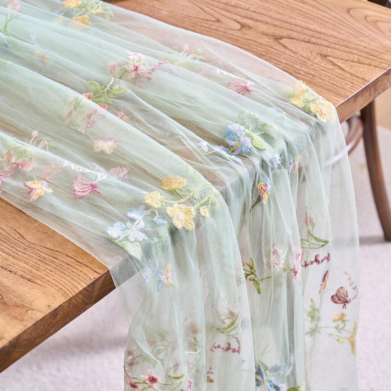 TEMU Embroidered Lace Spring Table Runner 10ft Seasonal Tulle Table Runner Table Decoration Suitable Weddings, Parties, Birthdays (sage Green, 30x120)