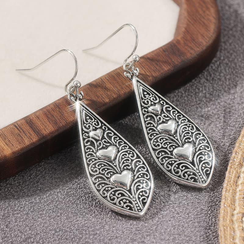 TEMU Bohemian Hypoallergenic Silvery Color Geometry Drop Earrings Vintage Ethnic Heart Engraved Pattern Hollow Dangle Earrings For Women Jewelry