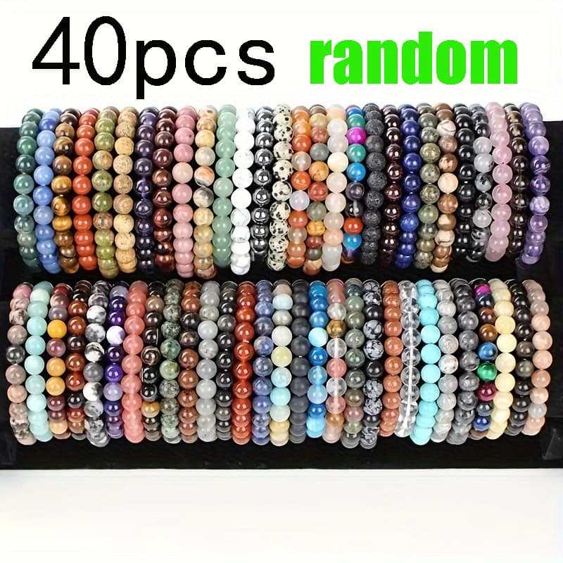 TEMU 40pcs Of Bohemian- Bead Bracelets- Featuring Multi-colored Marble And Glass Beads With 8mm Round Beads, Suitable Men To Wear, With Random Marble Patterns(swirl/)
